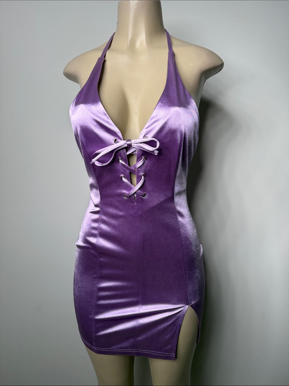 Purple Halter Lace-Up Mini Dress